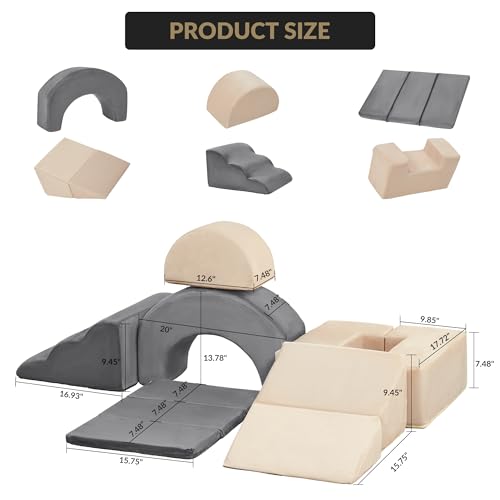 Garvee 7-Piece Toddler Climbing Toys, Indoor Soft Foam Play Blocks for Baby, Montessori Soft Play Set with Slide, Stairs & Ramp, Indoor Playground for Toddlers 1-3, Nursery & Playroom, Gray & Beige