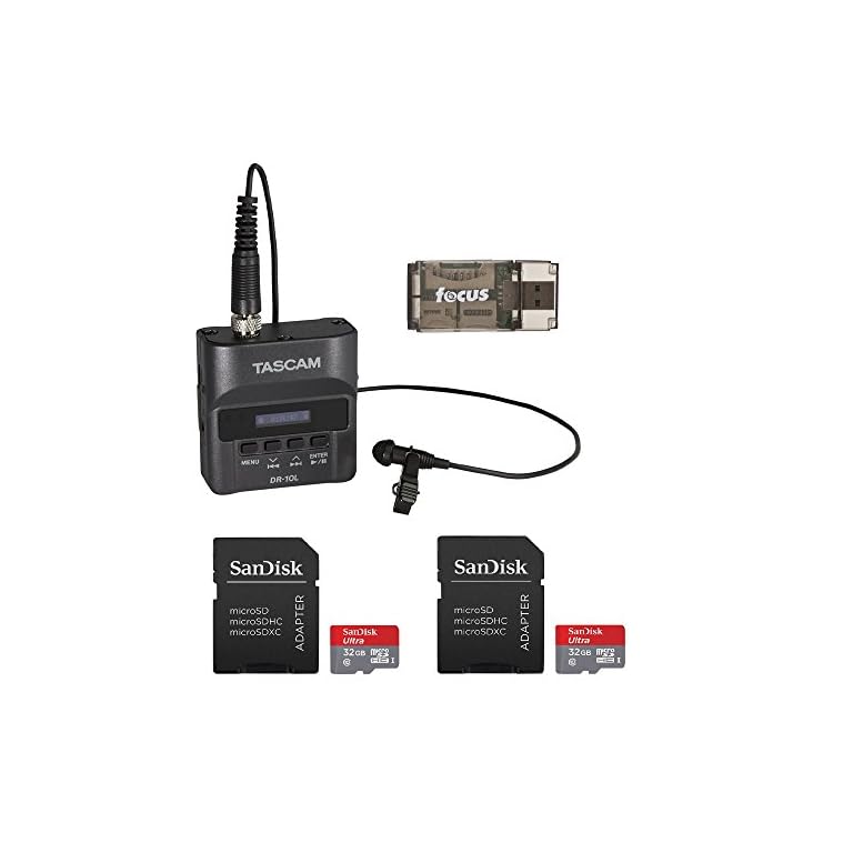Tascam DR10L Digital Audio Recorder and Lavalier Mic Bundle with 32GB SD Cards (2Pack) and USB