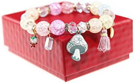 MeetsSpringRain Ice Crack Korean Style Crystal Charm Bracelet with Mushroom Strawberry Tassels Pendant (Colorful)