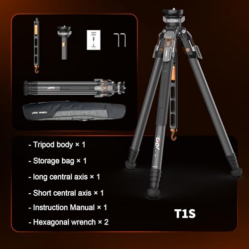 COMAN One Click Full Opening Carbon Fiber Photo Tripod, Professional Video Tripod, Quick Upgrade Ball Head, Max Height 165cm, Max Load Capacity 20kg (T1S)