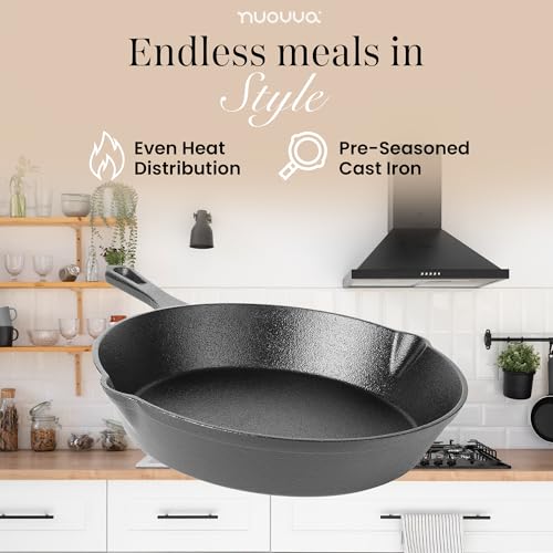 nuovva Pre-Seasoned Cast Iron Skillet Frying Pan Oven Safe Cookware for Indoor & Outdoor Use - Grill, StoveTop, Black (10inch - 25cm)