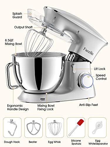 8.5 L 2000 W Bread Mixer for Pastries, Facelle Kitchen Robot, Kneader, Low Noise, Powerful and Professional, 6 Speeds with Pulse, Stainless Steel Bowl