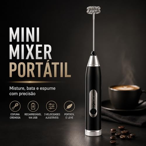 Mini Mixer Portátil USB Recarregável – Espumador de Leite e Café, Batedor de Ovos, Whey e Outras Bebidas, 3 Velocidades