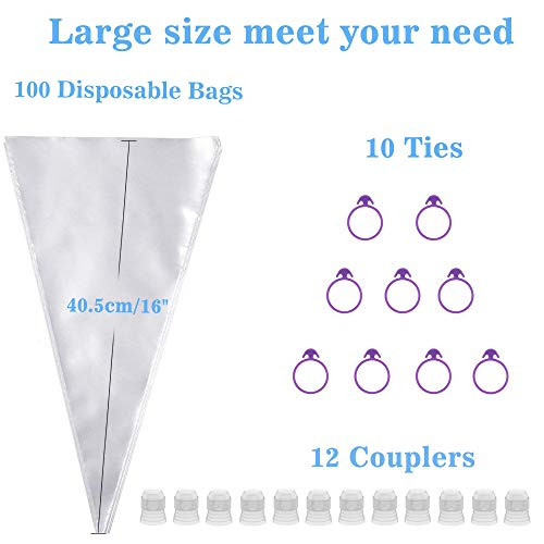 Disposable Piping Bags - Qozary 122 Icing Bags Set - 100 Disposable Pastry Bags & 12 Couplers & 10 Ties – Cupcake/Cake Decorating Supplies Kit for All Sized Tips (16-inch) …