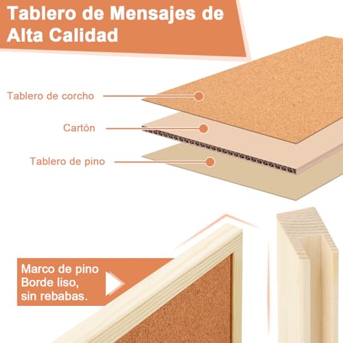 Tablero de Corcho para Pared Tablero de Mensajes Suave Tablones de Anuncios Colgante Pizarrón de Corcho con 5 Chinchetas Corkboards Enmarcado Tablón de Fotos Funcional para Oficina Hogar Aula(60*40cm)