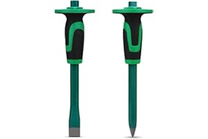 CKJSJ 2 Pack Heavy Duty Mason Chisel with Hand Protection, Flat and Point Chisel for Concrete, Bricks, and Stones (11.8in)