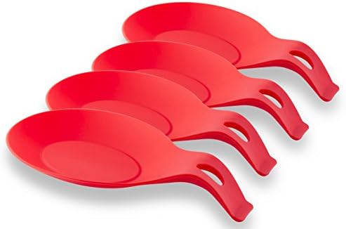 XL Unbreakable Silicone Spoon Rest for Stove, Kitchen &amp; Cooking Pot, Red X-Large 4-Pack Resting &amp; Cooking Spoon Holder for Stove Top, Perfect for Ladles, Soup, Tea &amp; Coffee Spoons - YumYum Utensils
