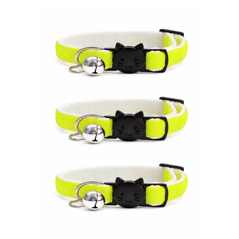 Velvet Cat Collars with Bell. Safe Breakaway Quick Release Buckle. Available in Cat & Kitten Size (Pack of 3) (Cat Collar (20cm - 30cm), Neon Green Velvet (Pack of 3))
