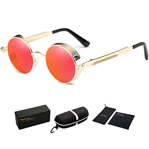 Dollger Vintage Steampunk Retro Metal Round Circle Frame Sunglasses (C2:Red Lens/Gold Frame, 100% UV Protection Lens)