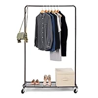 Bextsware Clothes Rack, Industrial Pipe Garment Racks On Wheels, Heavy Duty Commercial Grade Hanging Clothes Organizer Stand Clothing Rack with Metal Bottom Shelves for Boxes Shoes Storage, Bronze