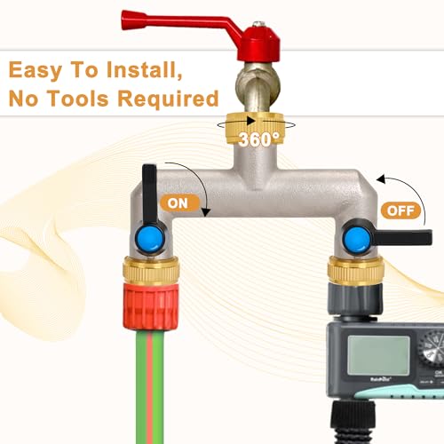 OPERMAXER 2-Way Tap Water Distributor, Extended Handle, 3/4 Inch Brass Water Connection Distributor with Individual Shut-off Valves, 2 Distributors 3/4 Inch Adapter 1/2 Inch for Appliances/Garden Hoses