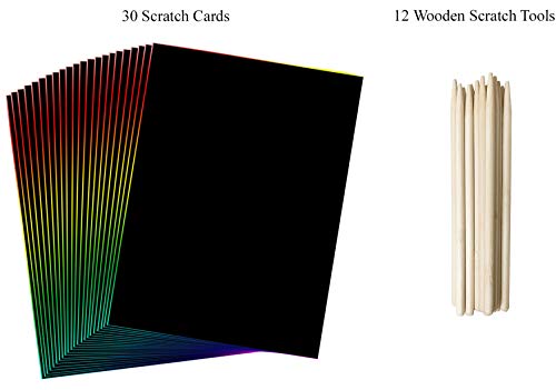 VHALE 30 Sheets Scratch Art Rainbow Paper Scratchboard with Wooden Stylus, Classroom Arts and Crafts, Creative Drawings, Doodling, Writing, Great Travel Toys and Party Favors for Kids