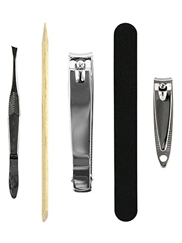 5 Piece Manicure Pedicure Set - Includes Bamboo Sticks, Emery Board, Stainless Steel Nail and Toe Clippers, Cuticle Remover