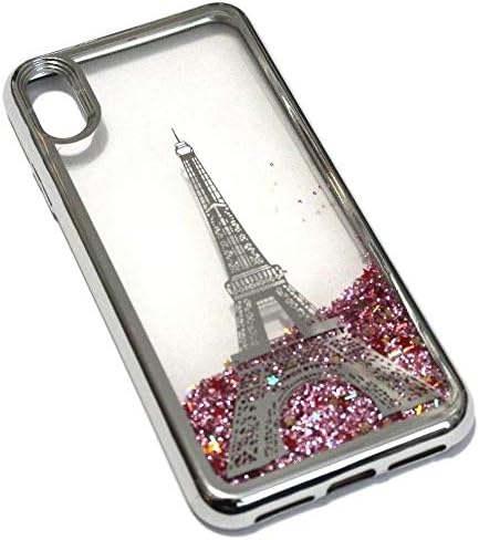 for iPhone Xs MAX (6.5") - Hybrid Glitter Liquid Waterfall Quicksand Skin Case Cover (Silver Paris Eiffel Tower)