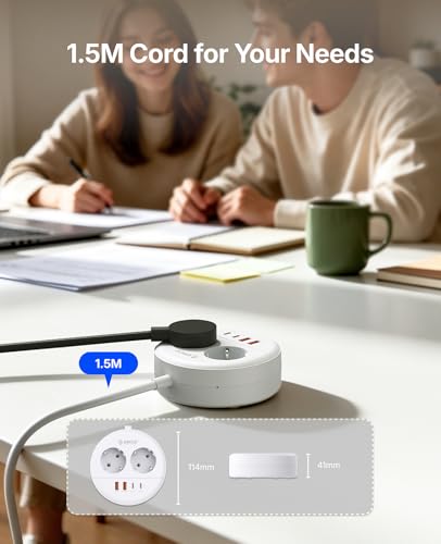 ORICO Regleta Enchufes USB C Redonda, Multienchufe 2500W con 2 Tomas CA, 2 USB-A y 2 USB-C 20W, Cable 1,5m, Montaje en Pared con Tornillos (Ahorro de Espacio), para Oficina y Hogar, Blanco OSP
