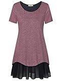 Timeson Women's Short Sleeve Pleated Chiffon Hem Loose T-Shirt Tunic Dress (Large, Wine)