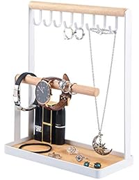 Portin Jewelry Organizer Display Stand Holder with Wooden Ring Tray and Hooks Storage Necklaces Bracelets, Rings, Watches Metal Desk Organizer Stand
