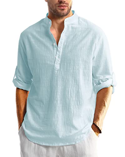 Hakjay Cotton Linen Shirts for Men Casual Shirts Lightweight Long Sleeve Henley Beach Shirts Hawaiian T Shirts for Men