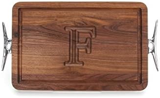 BigWood Boards W210-SCLT-F Thick Cutting Board with Boat Cleat Cast Aluminum Handle, 10.5-Inch by 16-Inch by 1-Inch, Monogrammed "F", Walnut