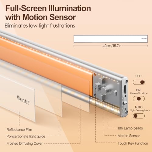 Quntis 40 cm LED Light Magnetic Cabinet with Motion Sensor, 186 LED 3 Colour 2500 mAh LED Lights Full Screen Kitchen, Under Cabinet Light for Cabinet, Hallway Basement, 2 Pieces