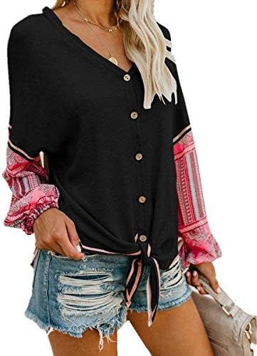 Unidear Womens Button Down V Neck Tie Front Long Sleeve Loose Fitting Henley Top