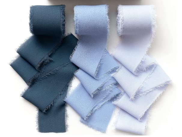 Dloapesy 3 Rolls Handmade Fringe Chiffon Silk Ribbon Gauze 1.5" x 3Yd Ribbons Set for Wedding Invitations, Bridal Bouquets, Gifts Wrapping, DIY Crafts (Dusty Blue, Fringe Chiffon)
