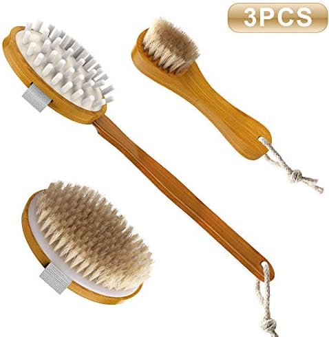 Dry Brushing Body Brush Set for Dry Skin Brushing & Exfoliating with Natural Bristles - Long Wooden Handle Body Shower Brush - Boar Bristle Body Brush-Facial Exfoliation Brush-Cellulite Massager Brush