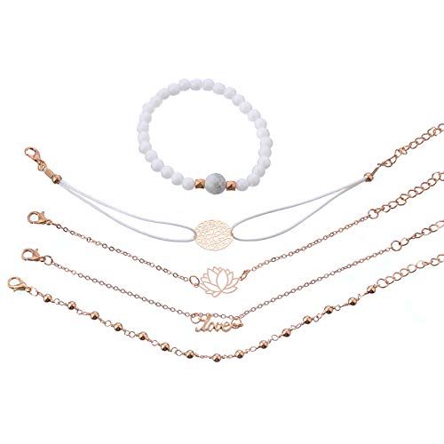5 Piece Bracelet-White Lotus Design, White Bead String and Cyan Bead Gold Bracelet for Women