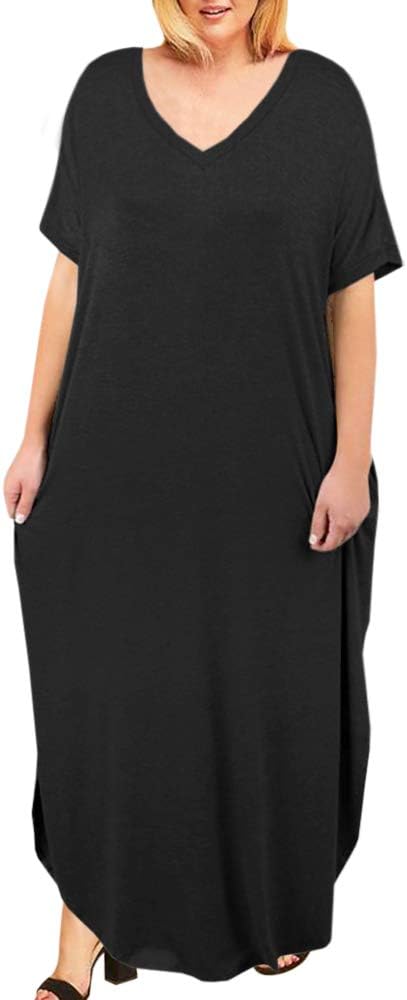 Womens Plus Size Maxi Dresses V Neck Casual Summer Short Sleeve Split Plain Long Dress with Pockets