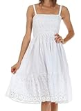 Sakkas 6502 Sequin Embroidered Smocked Bodice Knee Length Dress – White – One Size, Online Clothing Store