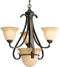 Progress Lighting P4415-77 3-Light Chandelier with Tea Stained Bell-Shaped Glass Bowls and Squared Scrolls and Arms, Forged Bronze