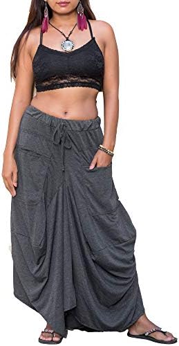 Thaluta Maxi Skirt Women Bohemian Hippie Pockets Gypsy Elastic Waist Cotton