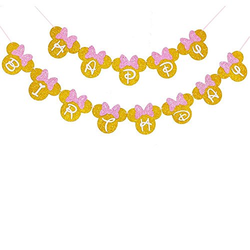 Minnie Mouse Pink And Gold Inspired Happy Birthday Banner, Minnie Birthday Party Decorations for Girls Birthday Themed Party Decoration