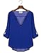POSESHE Womens Blouses Chiffon Solid Loose Casual Cuffed Sleeve V Neck Shirt Back Button X-Large Blue