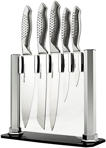 AKIdealKitchen Knife Set with Acrylic stand 6 pieces - Chef knife, Bread knife, Carving Knife, Utility Knife, Paring Knife and a stand