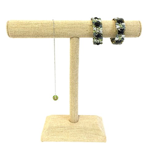 Bejeweled Display New Beige Linen Wood Necklace & Bracelet T-Bar Jewelry Display Stand 12" H - Thumbnail 2