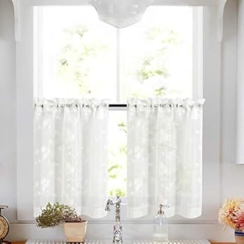 Tier Curtains White 24 Inch Length Kitchen Cafe Floral Embroidered Sheer Window Curtain Set for Bathroom Semi Sheer Curtains Voile Floral Drapes Rod Pocket 2 Panels