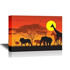 African Savanna Sunset Wild Animals and Acacia Tree...