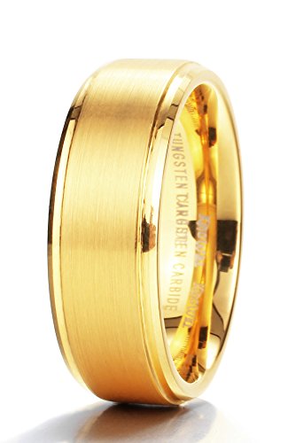 King Will GLORY Womens Mens 8mm Matte Brushed Tungsten Carbide Ring 14K Yellow Gold Wedding Band Comfort Fit(9.5)