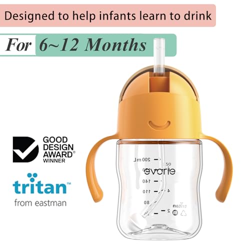 Evorie Tritan Weighted Straw Sippy Cup with Handles for Baby and Toddlers, Spill Proof Baby Water Bottle with Straw for 6 months and up, 7 Oz, Infant Training Water Bottle (Apricot)