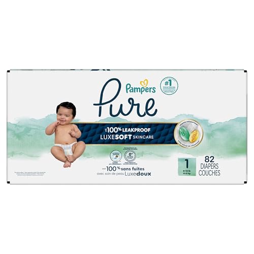 PAMPERS PURE BABY DIAPERS, SIZE 1 (8-14 LBS), 82, UP TO 100% LEAKPROOF, PREMIUM HYPOALLERGENIC SOFT DIAPERS
