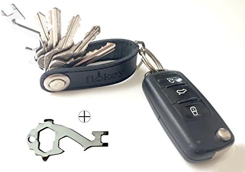 Premium Leather Key Chain Holder by FloKey - Smart Practical Clutter Organiser - Highly Adjustable - Secure Locking Mechanism - Multi Functional Tool Bottle Opener Included – Elegant Box Great Gift