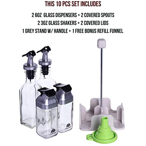 Premium Olive Oil and Vinegar Dispenser Set with Salt and Pepper Table Set in Caddy - 6oz Glass Oil Cruets & 3oz Salt Pepper Shakers - Leak-Proof, Easy-Open Covered Top - Free Refill Funnel - Grey