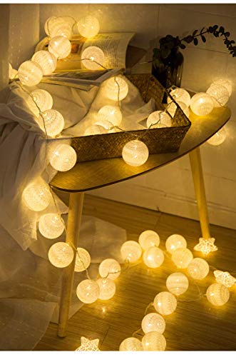 Ghirlanda Luminosa Cameretta Batteria, Zodight 3,3M 20 Sfere Cotone LED Catena Luminosa Interno, per Decorazione Della Luce Notturna Interna, Come Natale, Matrimonio, Festa, Stanza, Tenda