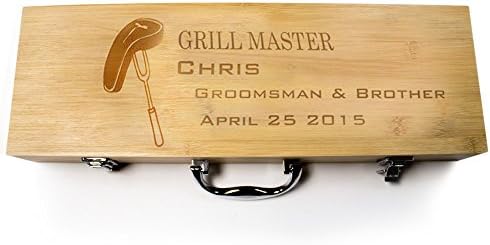 5-Piece Bamboo BBQ Set by Lazer Design-Barbecue Tool Grill Set Accessories w Gift Box-Includes Multi Tool Serrated Edge Spatula, BBQ Fork, Tongs, Knife, Basting Brush, &amp; Matching Bamboo Case w Handle