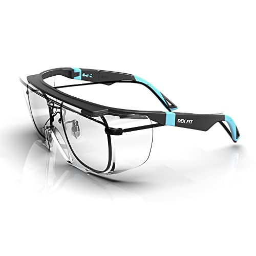 DEX FIT Schutzbrille SG210 OTG, Schutzbrille für Brillenträger, Z87 Augenschutz, Beschlag- und Kratzfest, Verstellbar für Damen und Herren, UV Brille (Schwarzer und Blauer Rahmen, Klare Gläser)