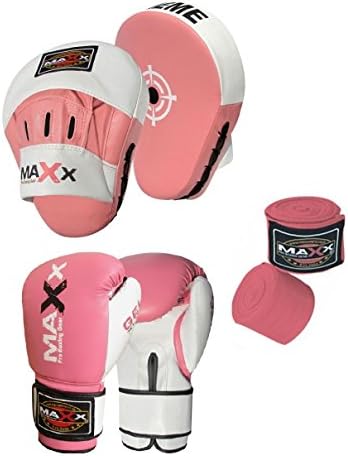 Maxx BOXING GLOVES & LEATHER CURVED FOCUS PADS WITH FREE HAND WRAP MMA Boxing MULTI COLORS