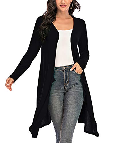 Women Cardigan 3/4 Sleeve Drap Cardigan Open Front Cardigan Lightweight Knit Cardigan Lounge Coat Outwear Coverup (Black, X-Large)