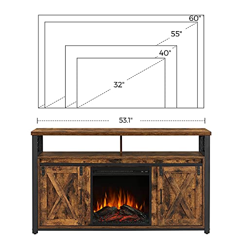 VASAGLE TV with Fireplace, TV Stand for TVs up to 60 Inches, with Barn Doors, Adjustable