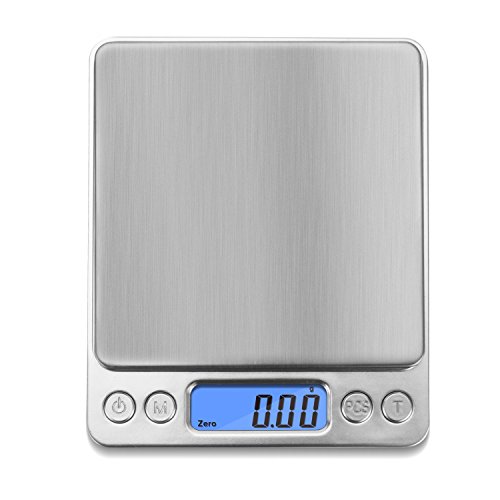 NEXT-SHINE Digital Kitchen Scale 500 x 0.01 Gram, Pocket Size with PCS Tare Switch Weighing Units Function, Stainless Steel Platform